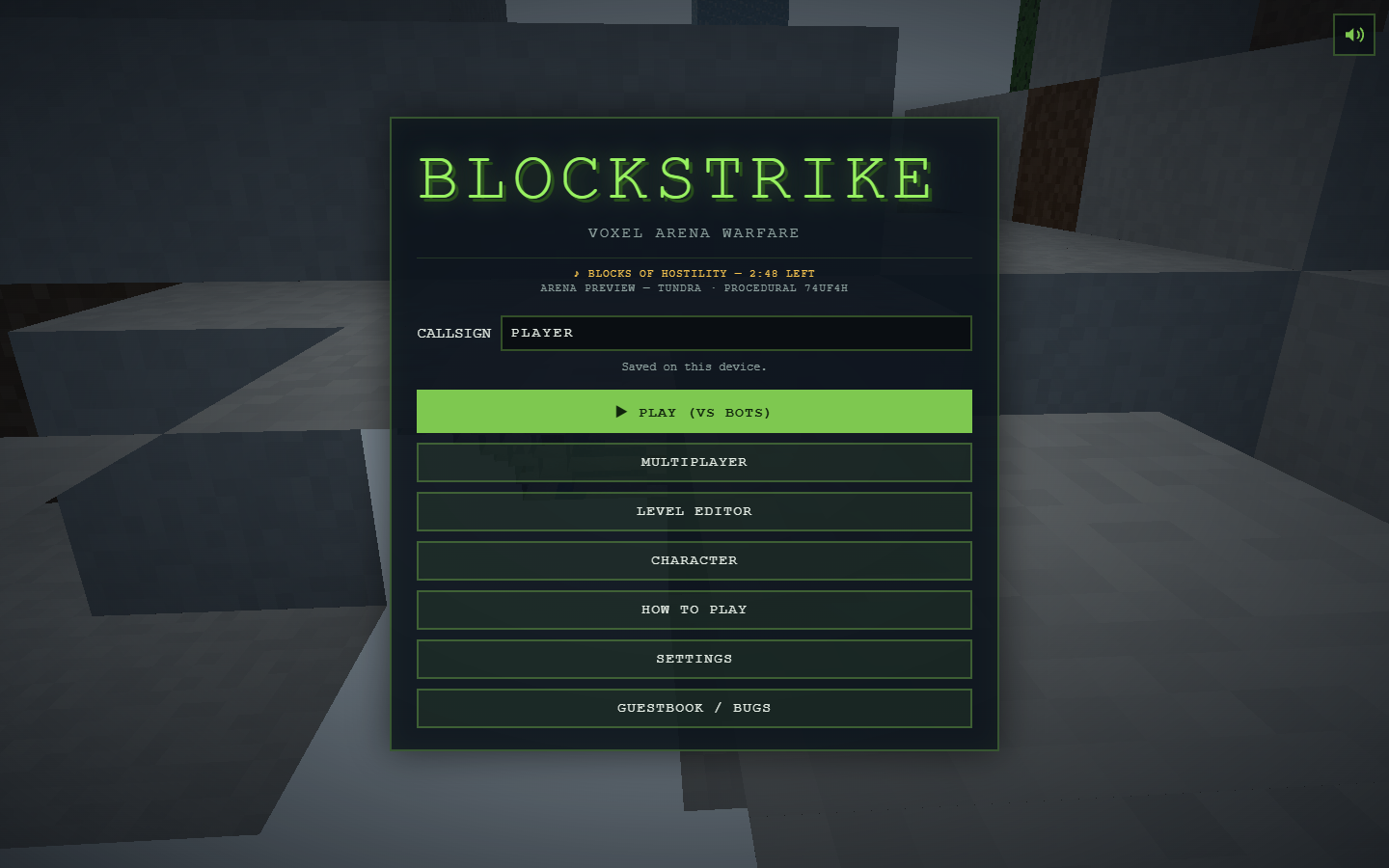 BlockStrike main menu over a procedurally generated voxel world