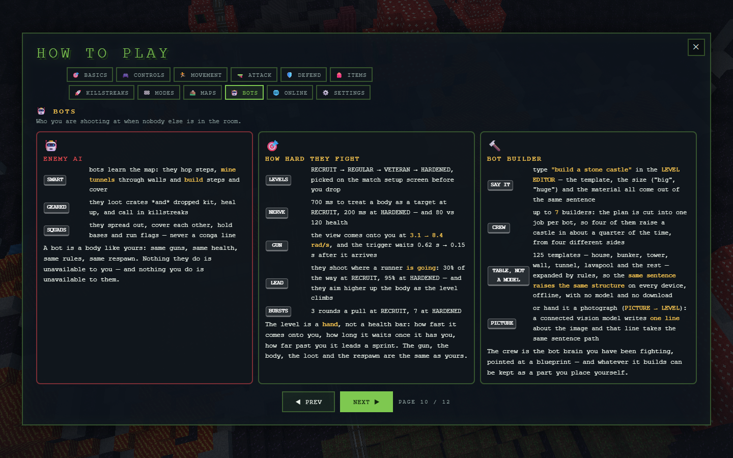 BlockStrike's in-game how-to-play bots page: the enemy-AI card, the difficulty card and the bot-builder card