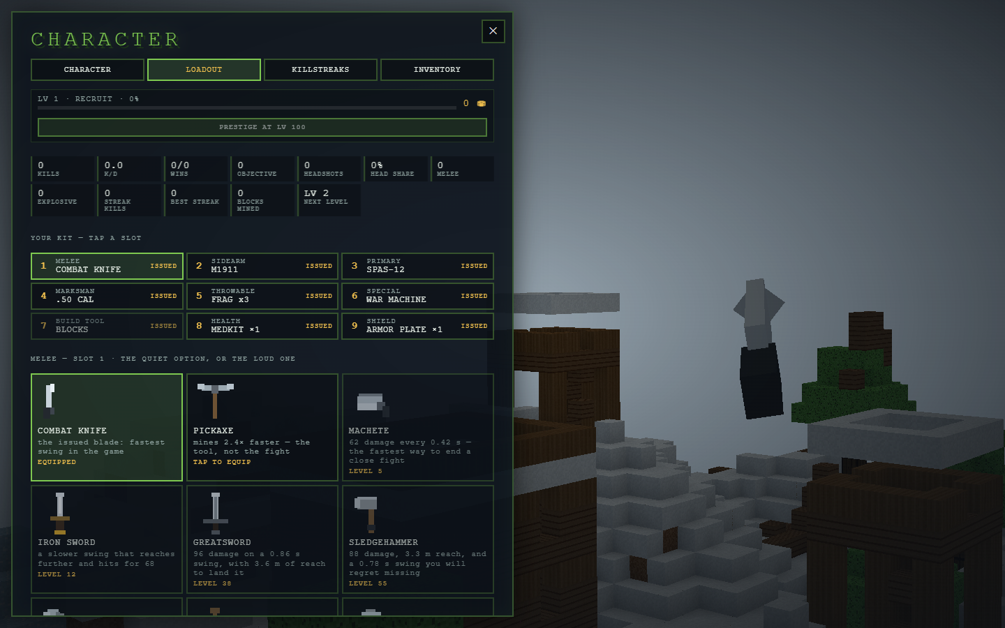 BlockStrike loadout screen with a live 3D weapon turntable
