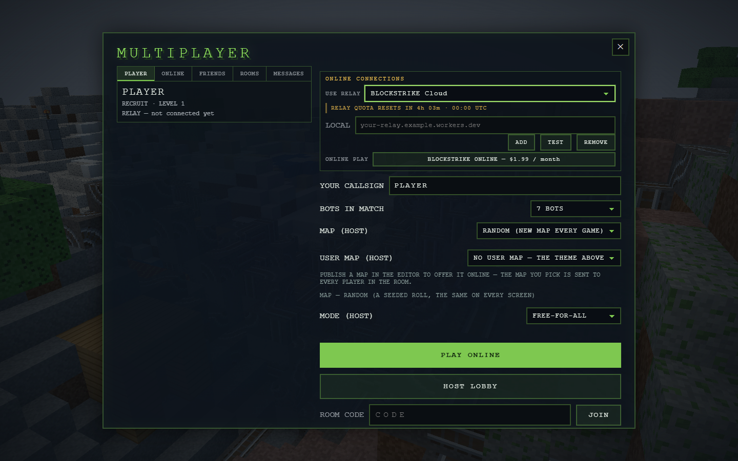 BlockStrike multiplayer screen with rooms and relays