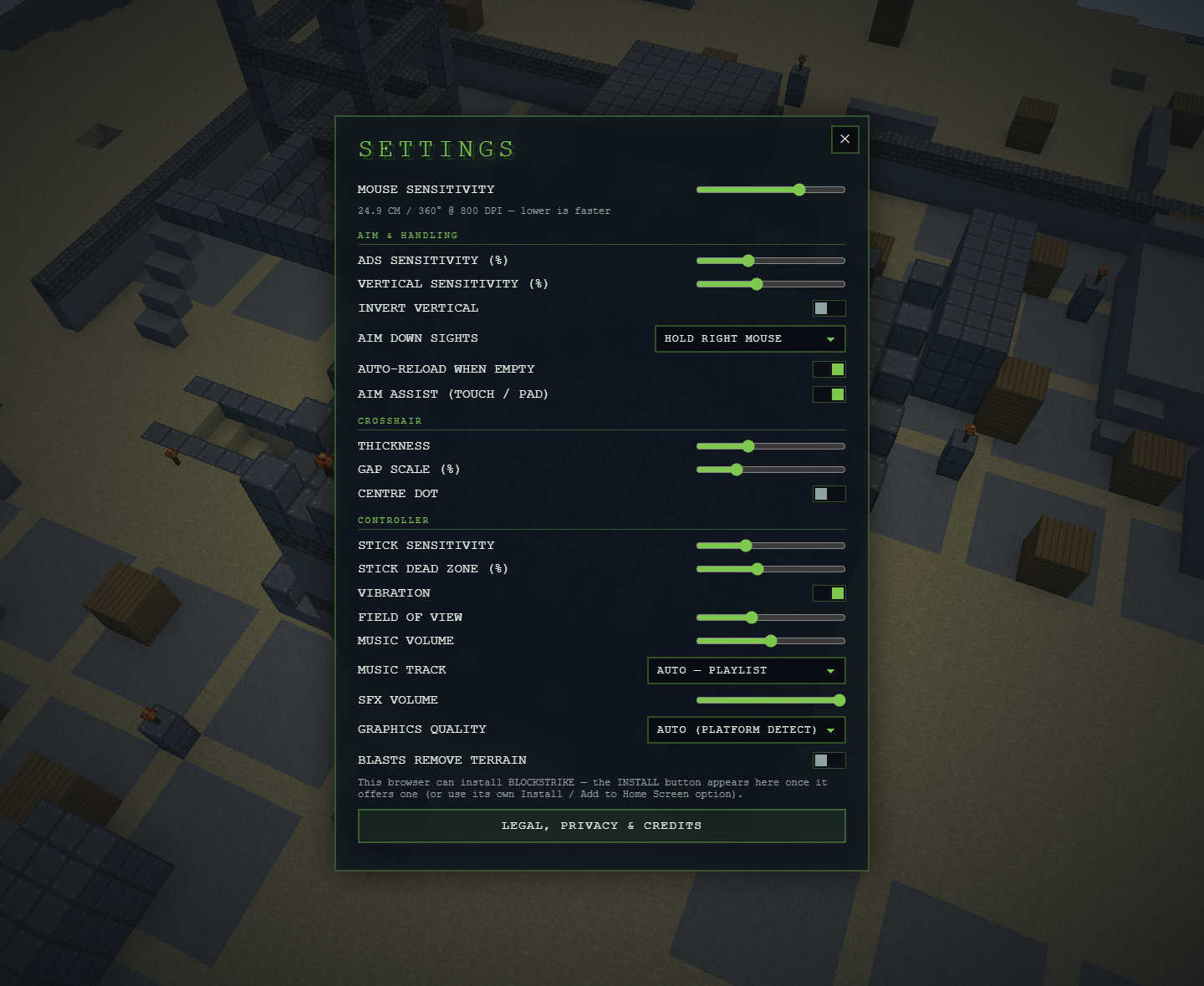 BlockStrike settings screen