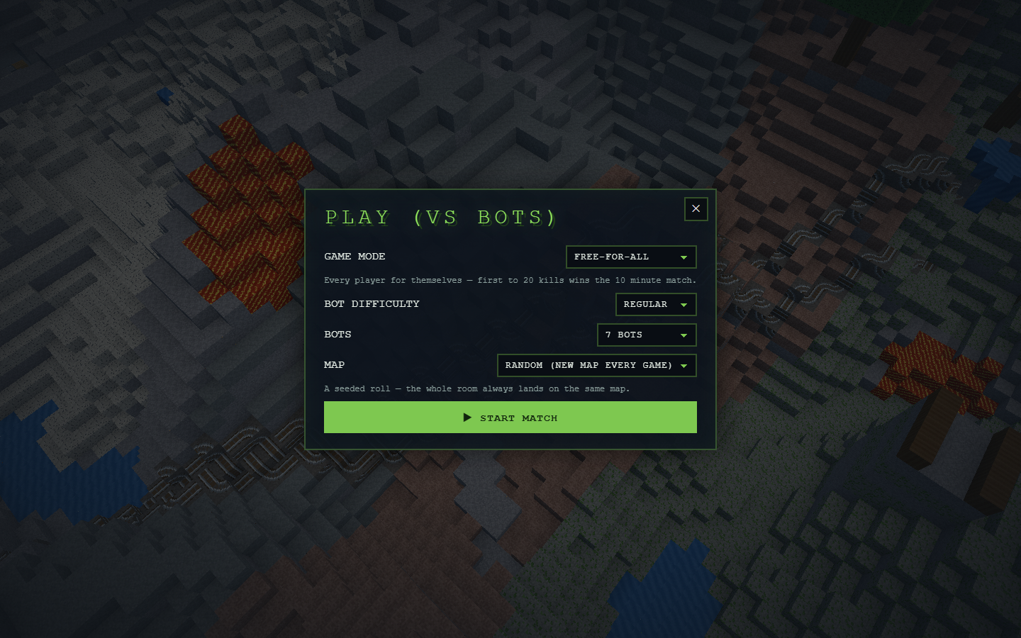 BlockStrike solo setup screen with mode and bot options